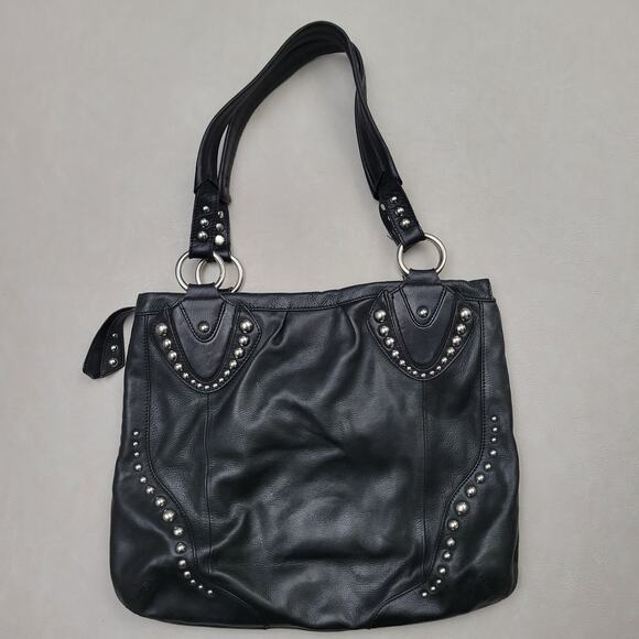 B Makowsky Black Leather Silver Stud Bag Leopard Print Lining Hobo - Picture 6 of 13